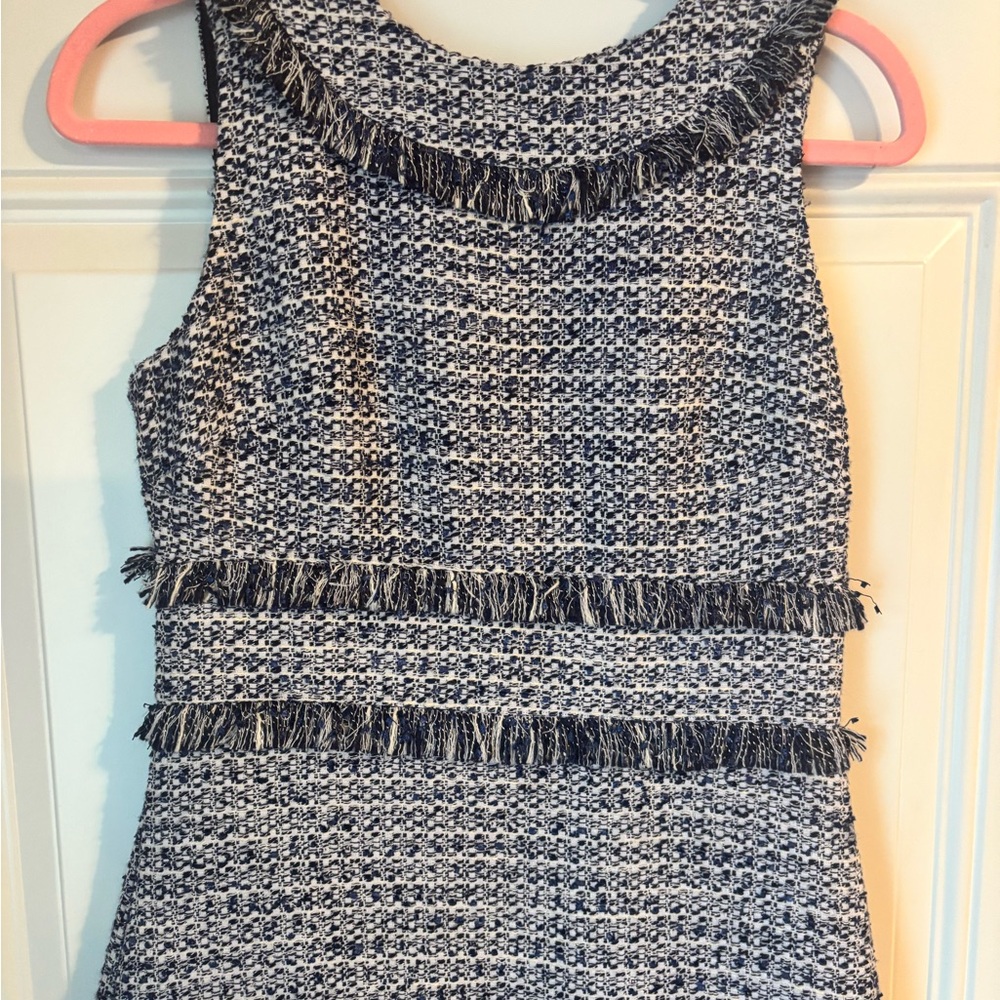 Wedding Guest Ready Sail to Sable Navy & White Tweed Fringe Shift Dress - Picture 3 of 11